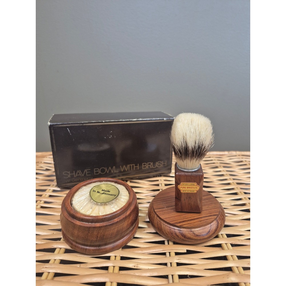 Vintage West Germany Shaving Set NOS Wood Bowl Pure Bristle Brush Soap Mens Gift